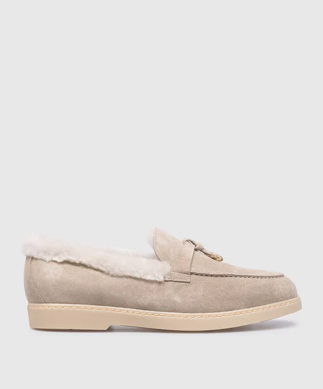 Doucal's Beige suede loafers with fur