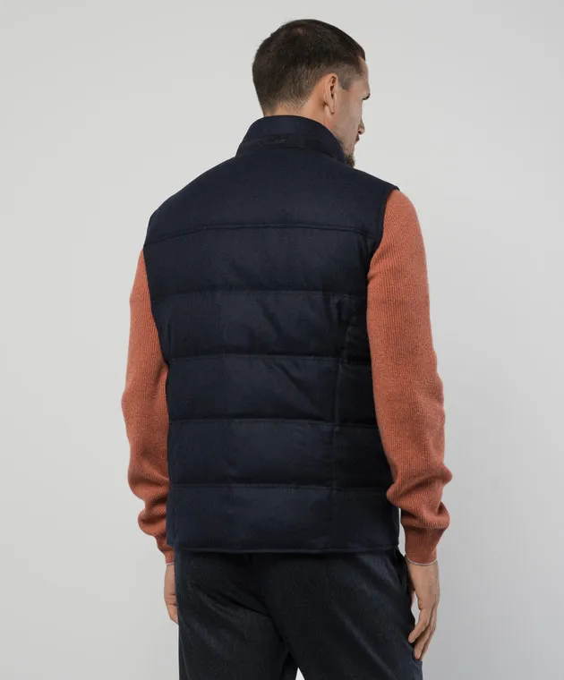 Enrico Mandelli Blue wool and cashmere down vest with logo embroidery