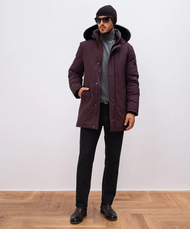 Stefano Ricci Purple down jacket with fur and logo patch